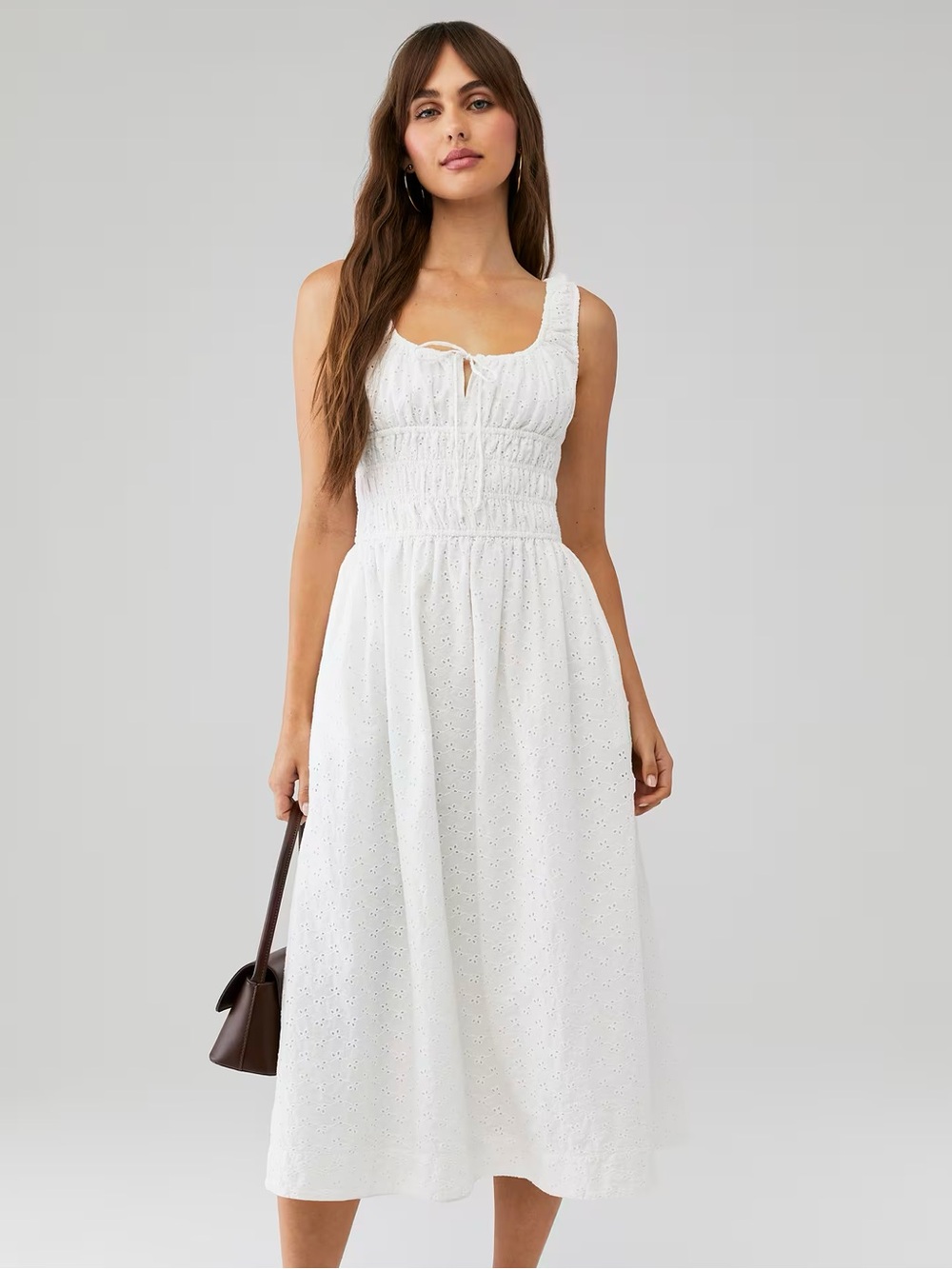 Nia White Eyelet Smocked Midi Dress with Tie Front